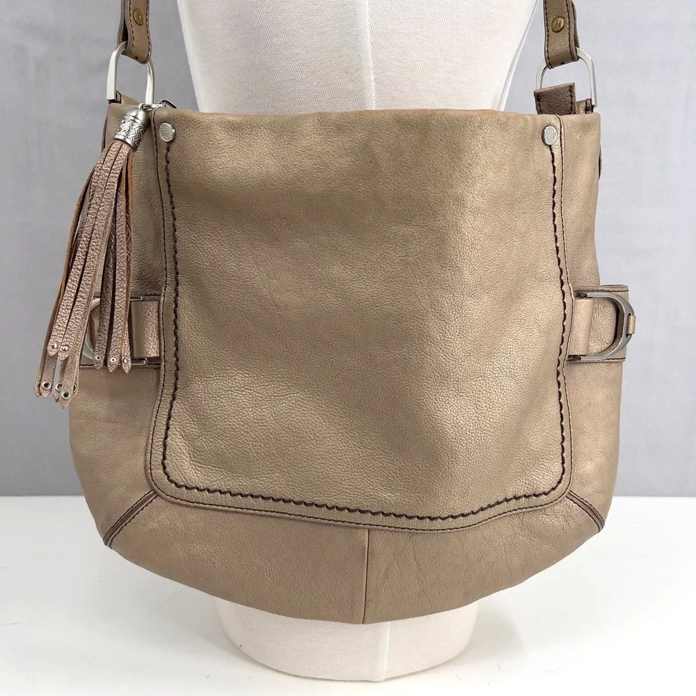 Cole Haan Womens Bronze Leather Hobo Shoulder Bag Large Boho Western Slouchy